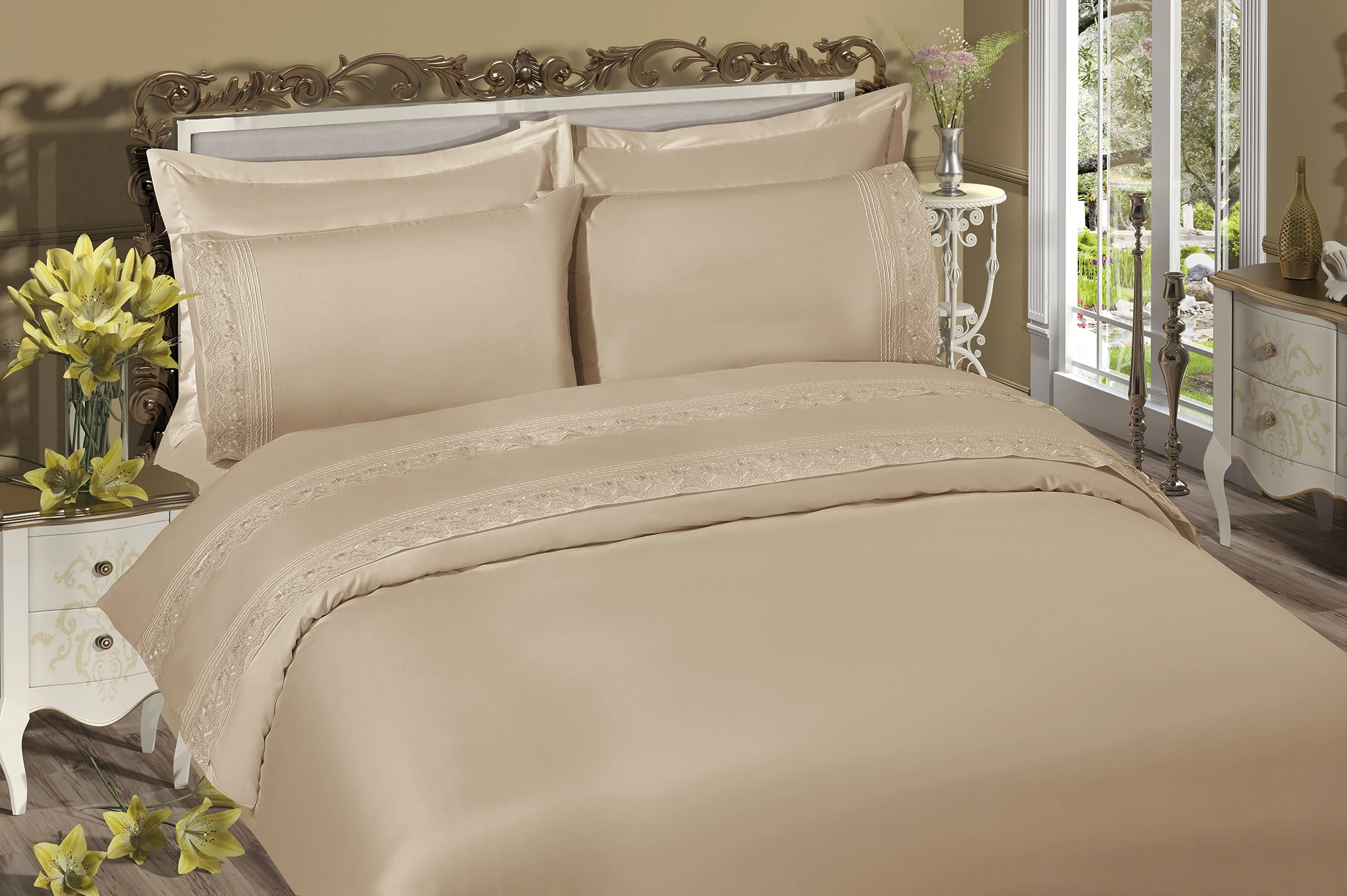 

Zambak Luxury Embroidered Double Duvet Cover Set 4 French Guipure Special Occasion Wedding Hotel Duvet Cover Set