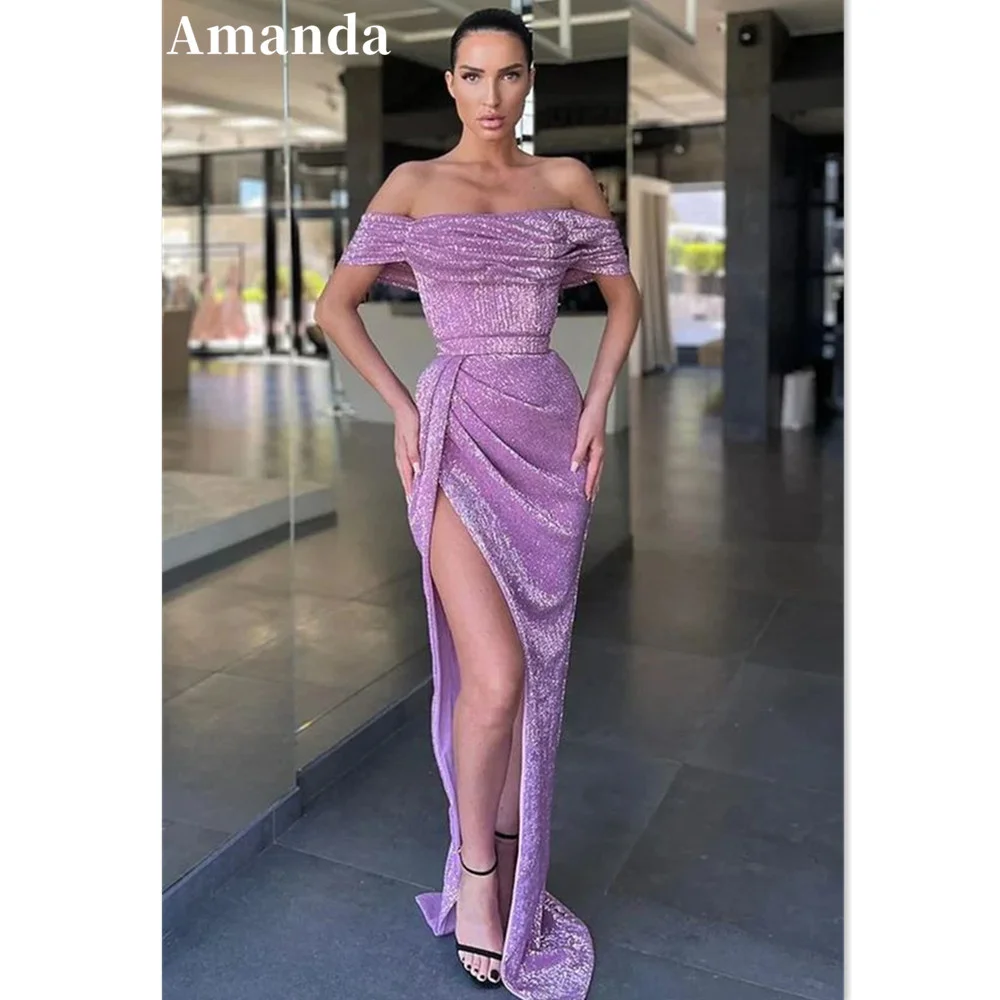 

Amanda Glitter Mermaid Prom Dress Sexy Off The Shoulder Evening Dress Shiny Purple Trumpet فستان سهرة Side Split Party Dress