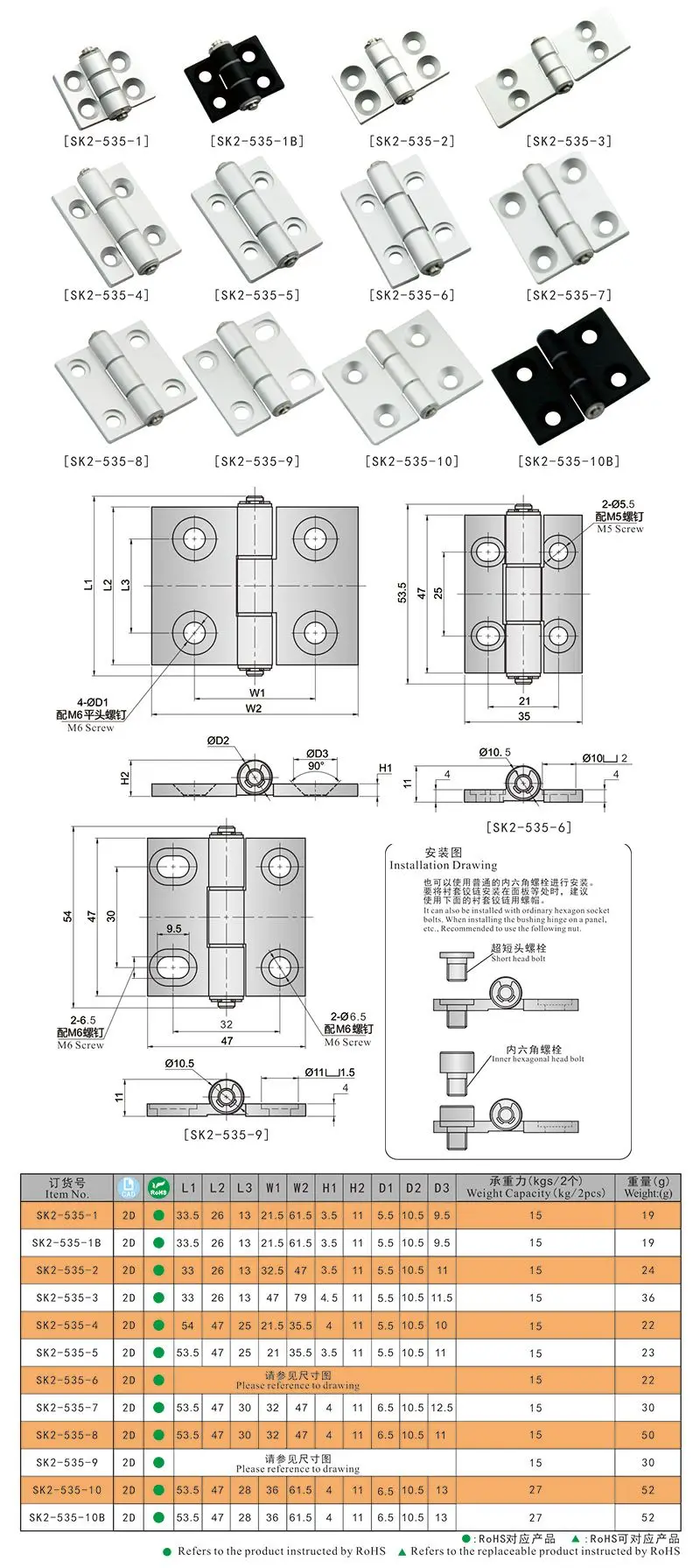 SK2-535-1 Петля накладная КУНЛОНГ алюминий 33.5*21.5мм 2 шт