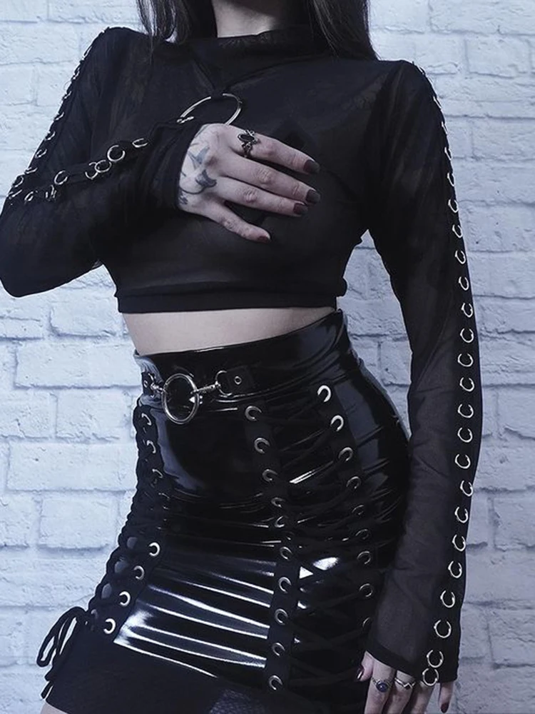 Женский сетчатый кроп-топ с длинным рукавом и круглым вырезом