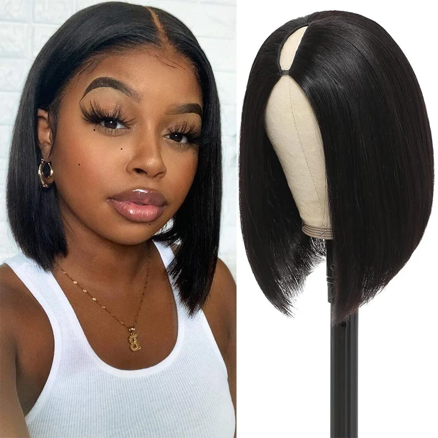 

Upgrade U Part V Part Wig Human Hair Straight Short Bob Wigs for Black Women Thin Leave Out No Glue No Sewing Natural Hairline