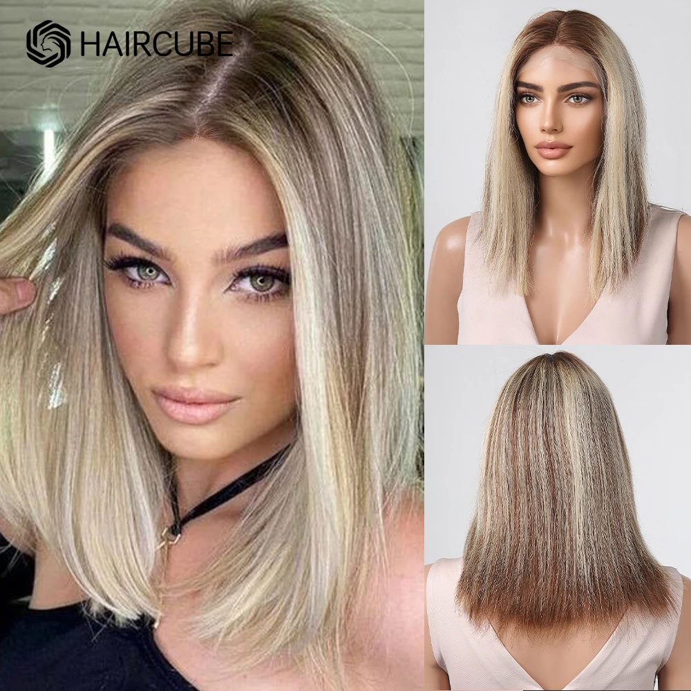 Highlights Blonde Human Hair Wigs for White Women 13x1 Lace Frontal Wigs Natural Remy Human Hair Colored Brown Straight Bob Wig