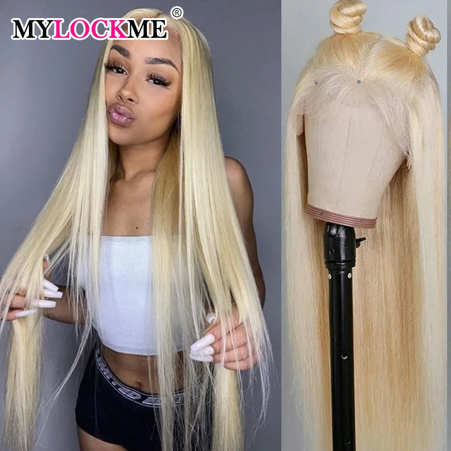

613 Blonde Lace Front Wig 13x4 Transparent Lace Frontal Wig Pre Plucked 30 32Inch Brazilian Straight Human Hair Wigs MYLOCKME