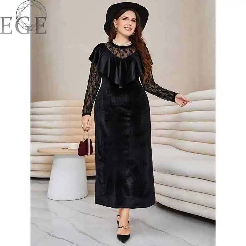 2022 New Autumn Elegant Ruffled Round Neck Plus Size Loose Long Sleeve Velvet Women Dress Lace Long Sleeve Midi Bodycon Robe