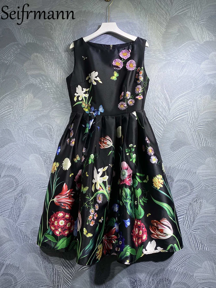 Seifrmann High Quality Autumn Women Fashion Runway Midi Dress Appliques Floral Printed Elegant Big Swing Sleeveless Tank Dresses