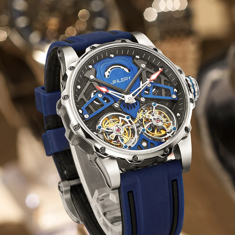 

JINLERY Double Flywheel Men Watches Fashion Casual Real Tourbillon Watch for Men Mechanical Wristwatch Men Clock Reloj Hombre