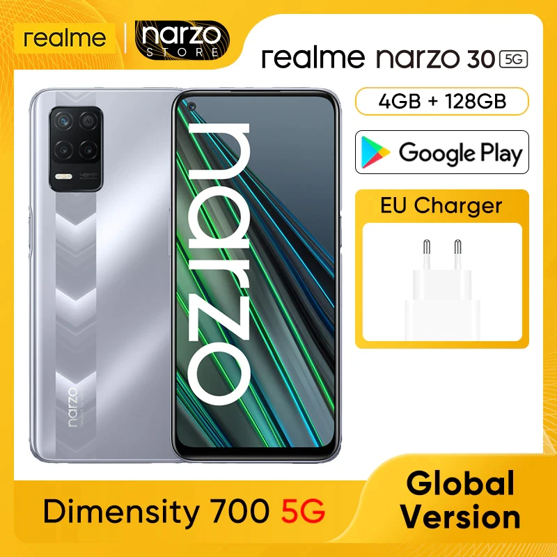 

[Глобальная версия] realme Narzo 30 5G RMX3242 Мобильный телефон 4GB RAM 128GB ROM Dimensity 700 5G 6,5'' 90 Гц FHD+ экран 48MP AI тройные камеры 5000 мАч 18 Вт