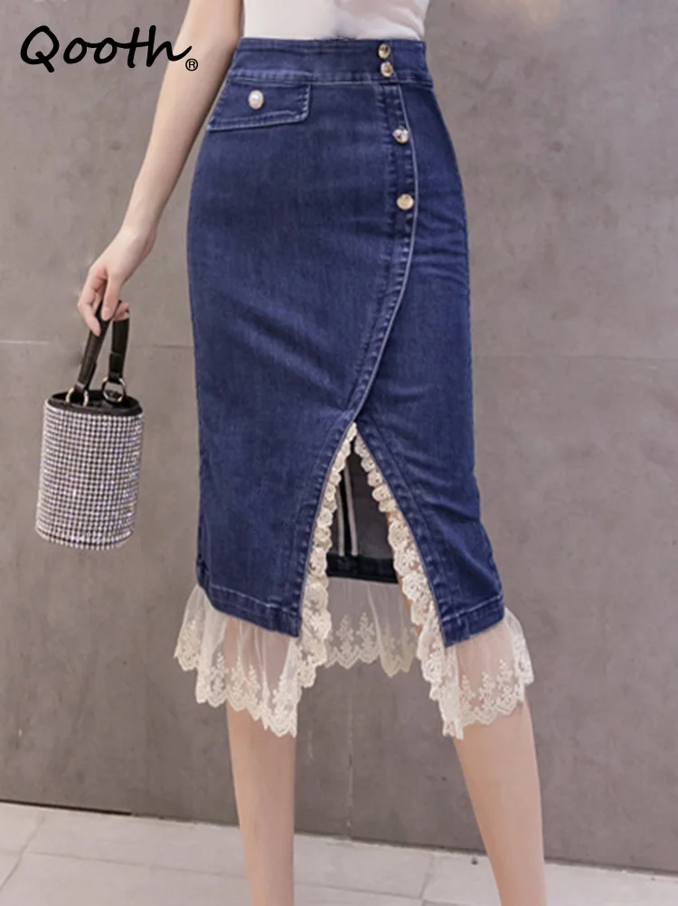 

Qooth Spring Summer High Waist Denim Trumpet Skirts Women Casual Front Slit Casual Lace Hip Skirt QT1706