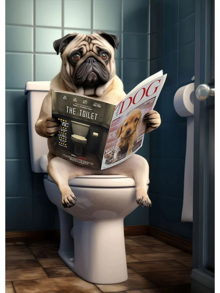

Забавный корги, мопс, собака сидит на унитазе, чтение газеты, принт, постер, холст, живопись, милое животное, настенное искусство для ванной комнаты, домашний декор