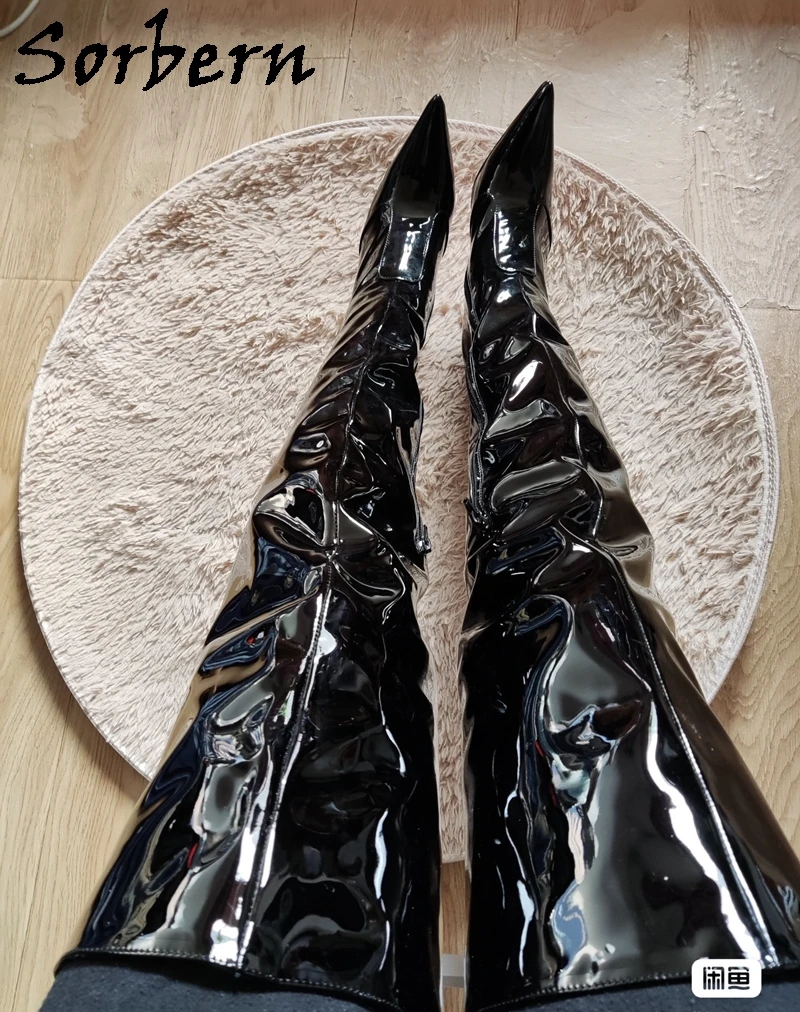 Sorbern Sexy Stilettos Metal Heel Boots Women Pointed Toe Mid Thigh High Patent Leather Long Boot Female Shoes Customized Legs
