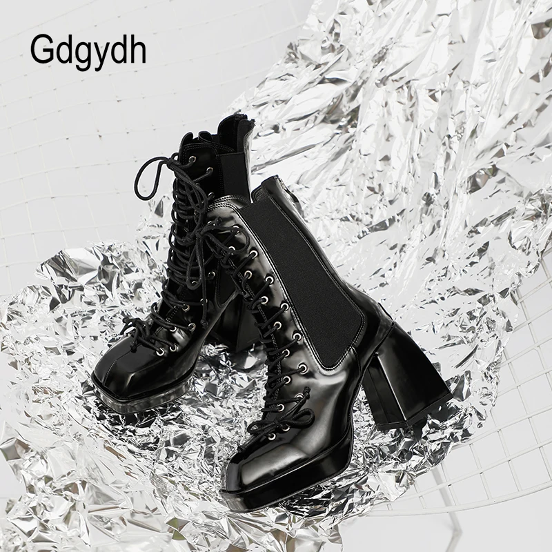 Gdgydh Genuine Patent Leather Chunky High Heels Platform Mid Ankle Calf Boots Black Dress Party Square Toe Lace Up Motorcycle