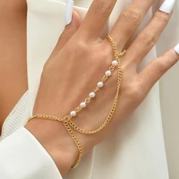 punk pearl link chain ring with bracelet geometric connected middle finger ring for women couple fashion wrist jewelry gifts