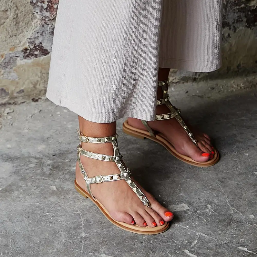 

Tello Inner Exterior Genuine Leather Flat Sole Ankle Strap Cross Lace Trocked Silver Gold Nude Sandals Summer Shoes Thin Striped