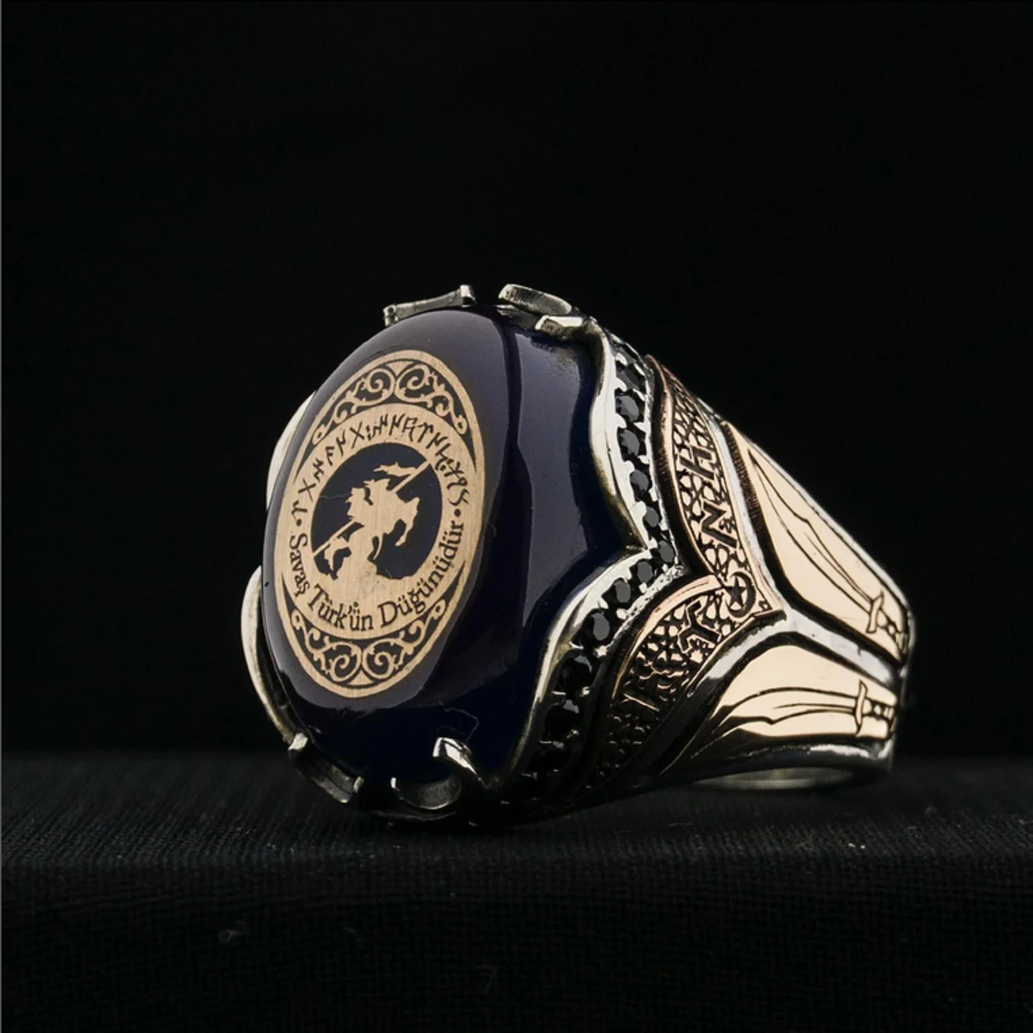 Blue Amber Stone Mens Ring Written 925 Sterling Silver Turkish Hnadcrafted Jewelry Ottoman Kürşad Male Bands