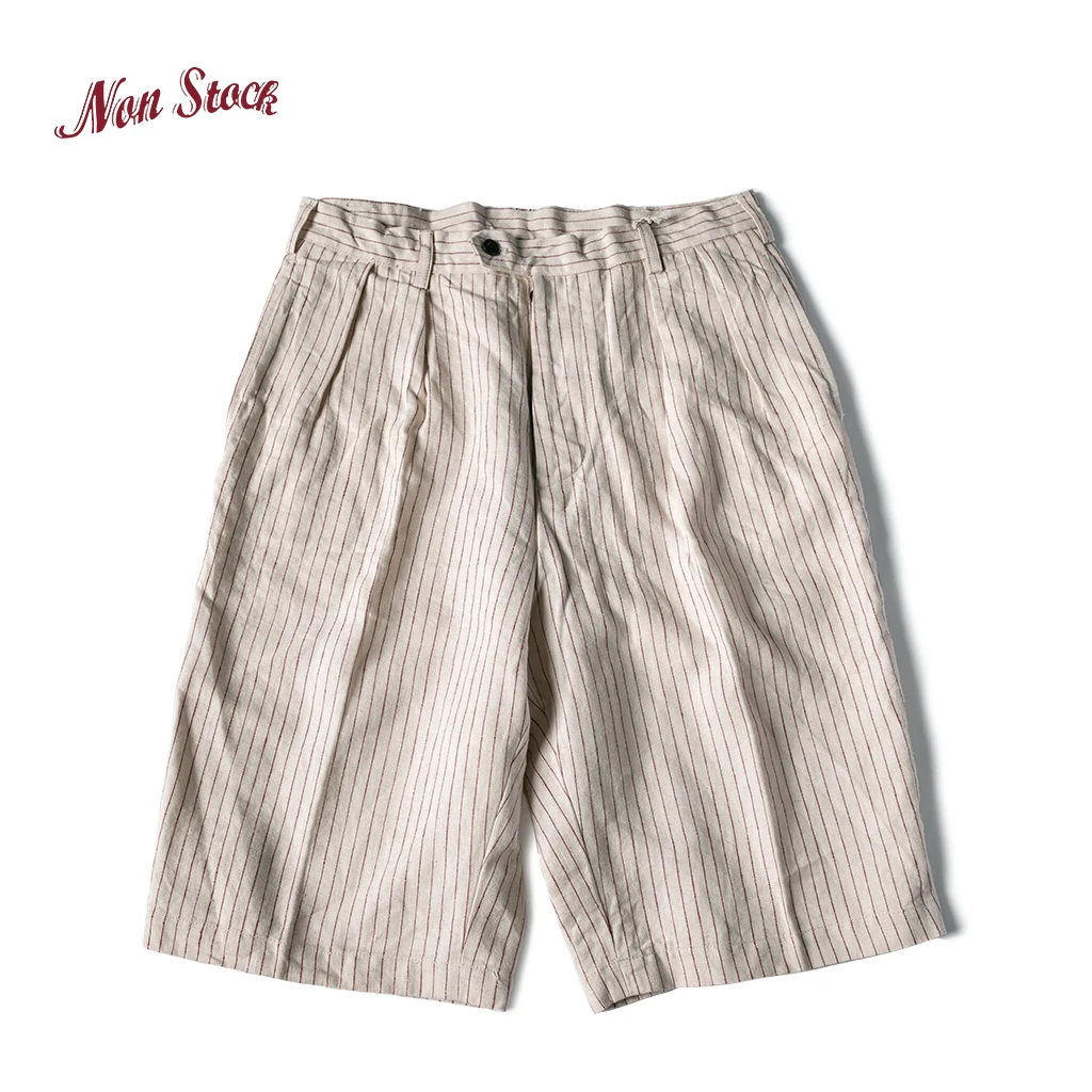 Non Stock 10.5 Oz Vintage Baggy Double Pleated Striped Linen Shorts Men's Summer Clothes Streetwear Casual Short Pants