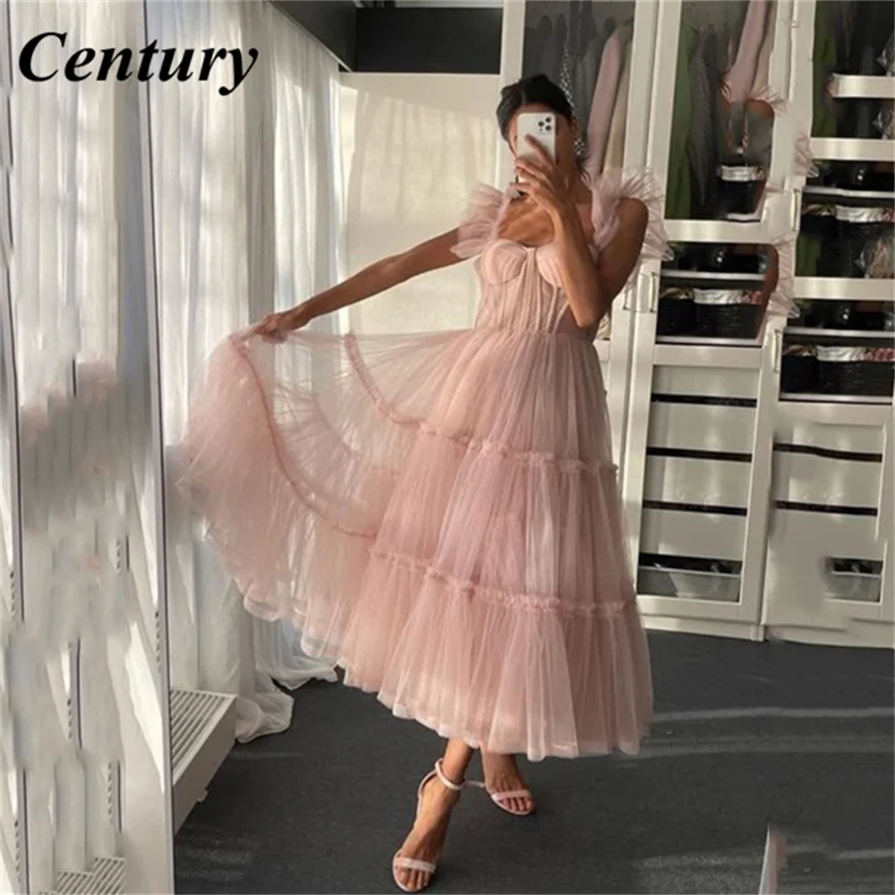 

Century Simple Pink Prom Dresses Spaghetti Straps Tiered Tulle Prom Gowns Exposed Boning A-Line Tea-Length Wedding Party Dresses