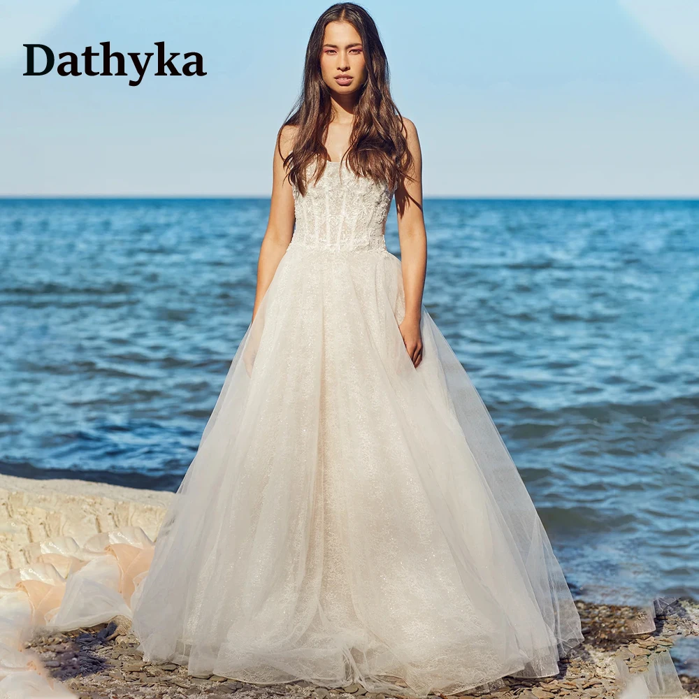 

Dathyka A-Line Bling Tulle Wedding Dresses For Bride Classic Sweep Train Sleeveless Zipper Backless Appliques Vestidos De Novia