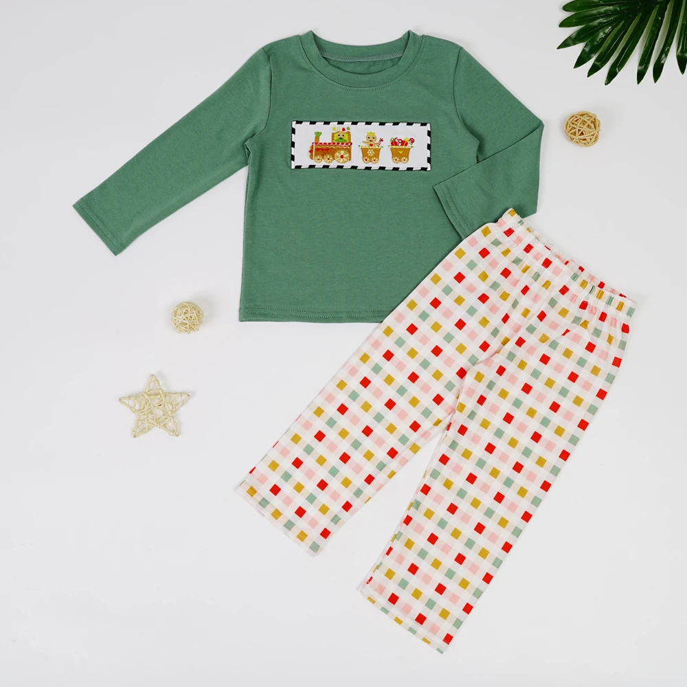 Christmas Toddler Outfits Baby Boys Clothes Set Kids Gingerbread Man Embroidery Bodysuit Long Sleeve Lattice Pants For 1-8T Boy