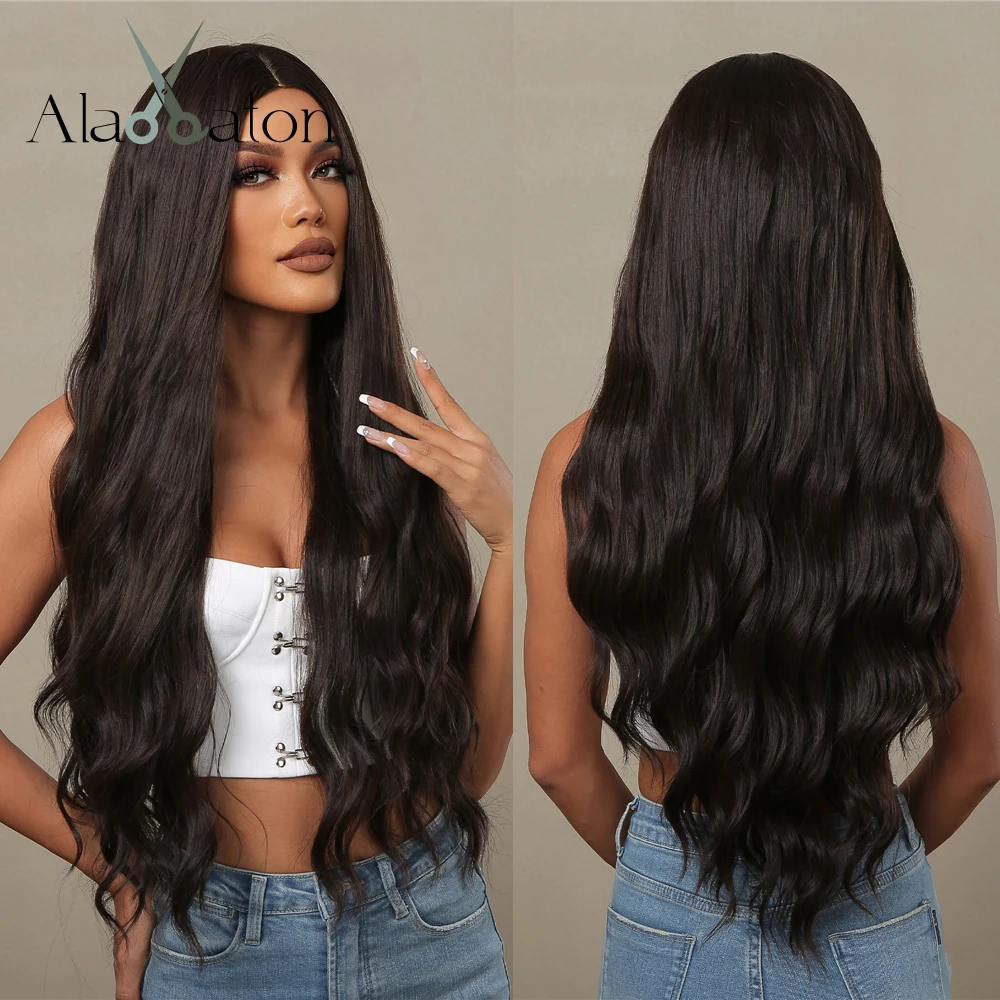 

ALAN EATON Long Curly Synthetic Wigs for Black Women Dark Brown Wig Ntural Middle Parting Wavy Daily Cosplay Hair Heat Resistant