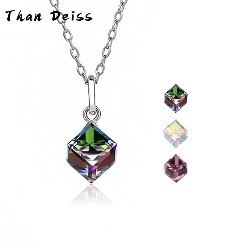 S925 Sterling Silver Tesseract Crystal Necklace Austrian Elements Pendant Aurora Borealis Square Sugar Summer Clasp Chain
