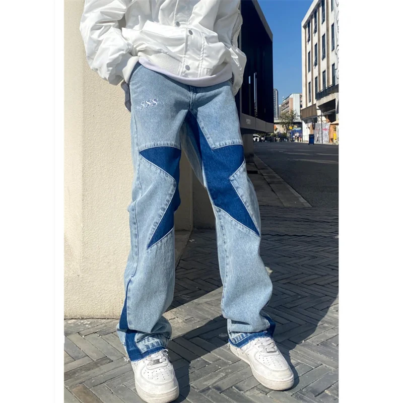 Streetwear Pants Jeans Hip Hop Y2k Man Baggy Cargo Casual Woman Stacked Men Free Shipping Slim Flare Star Blue Men's Clothing