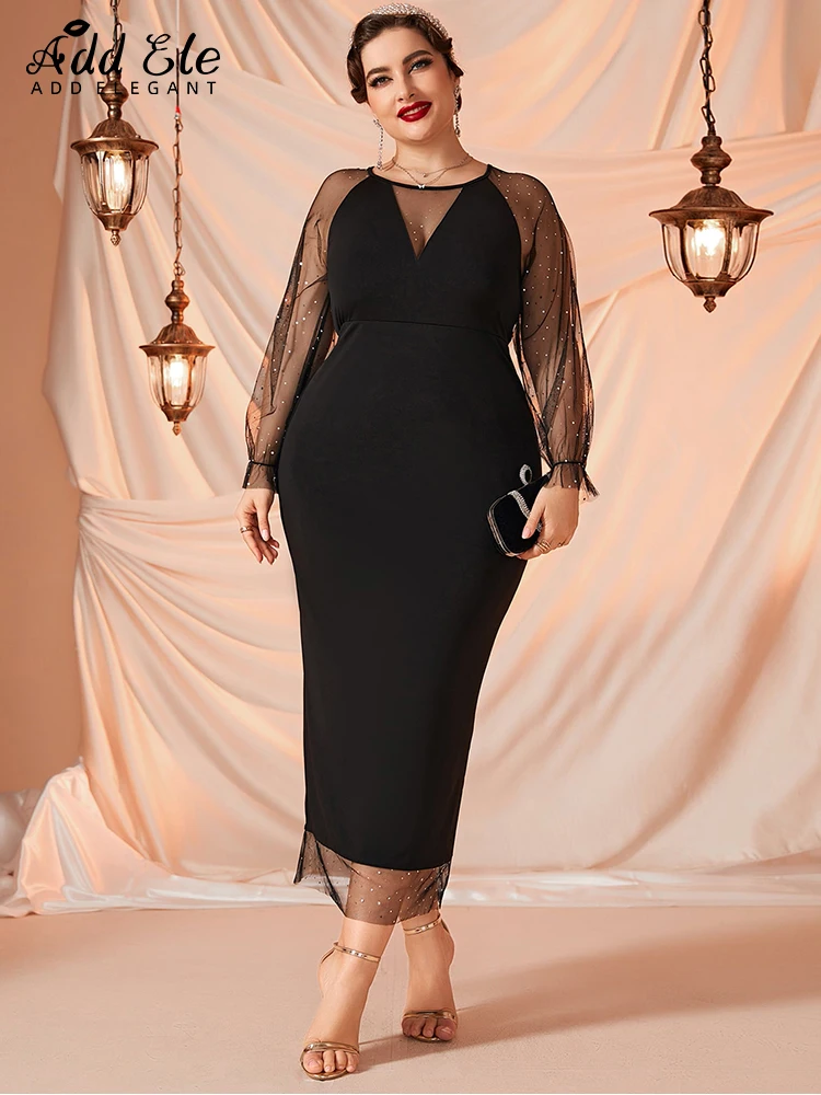 Add Elegant Plus Size Women's Dresses Petal Sleeve Neckline Paneled Sheer Mesh Female O Neck Waist Split Back Bodycon Dress B752