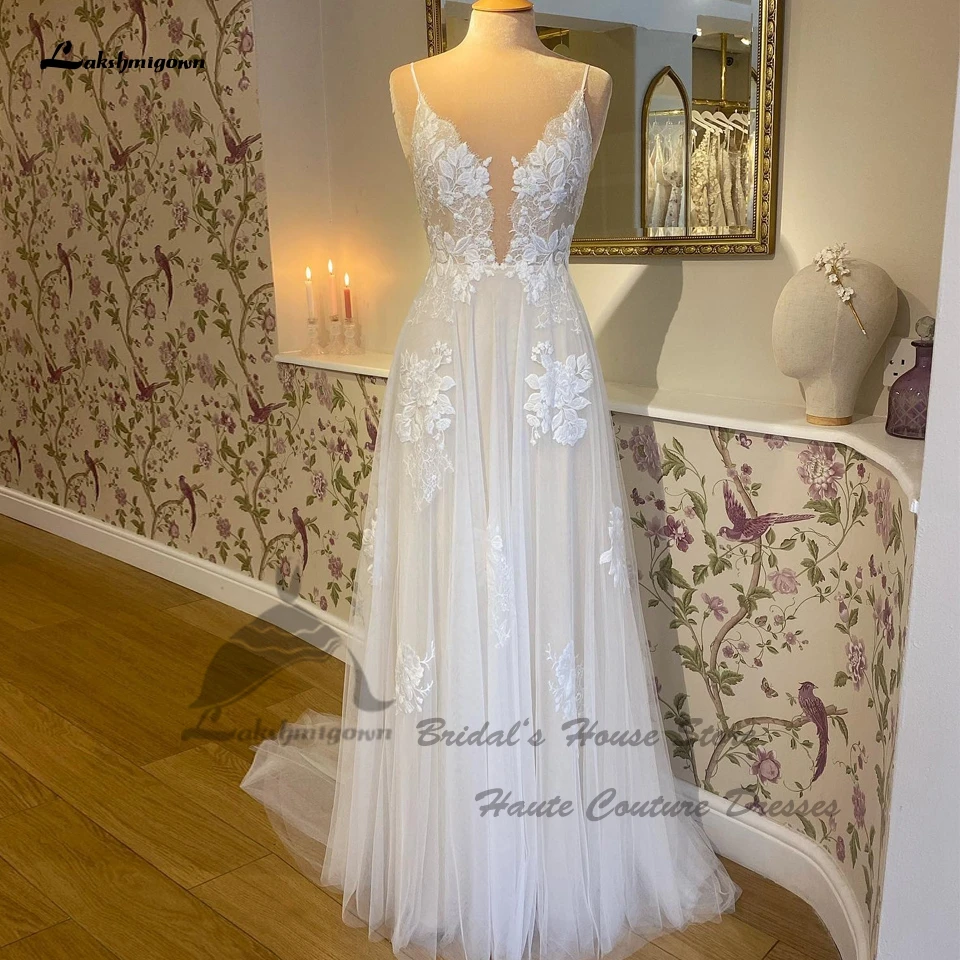 

Sukienka Boho Wedding Dress for Women Summer Beach 2022 V neck Sexy Bridal A Line Tulle Wedding Gowns Spaghetti Straps