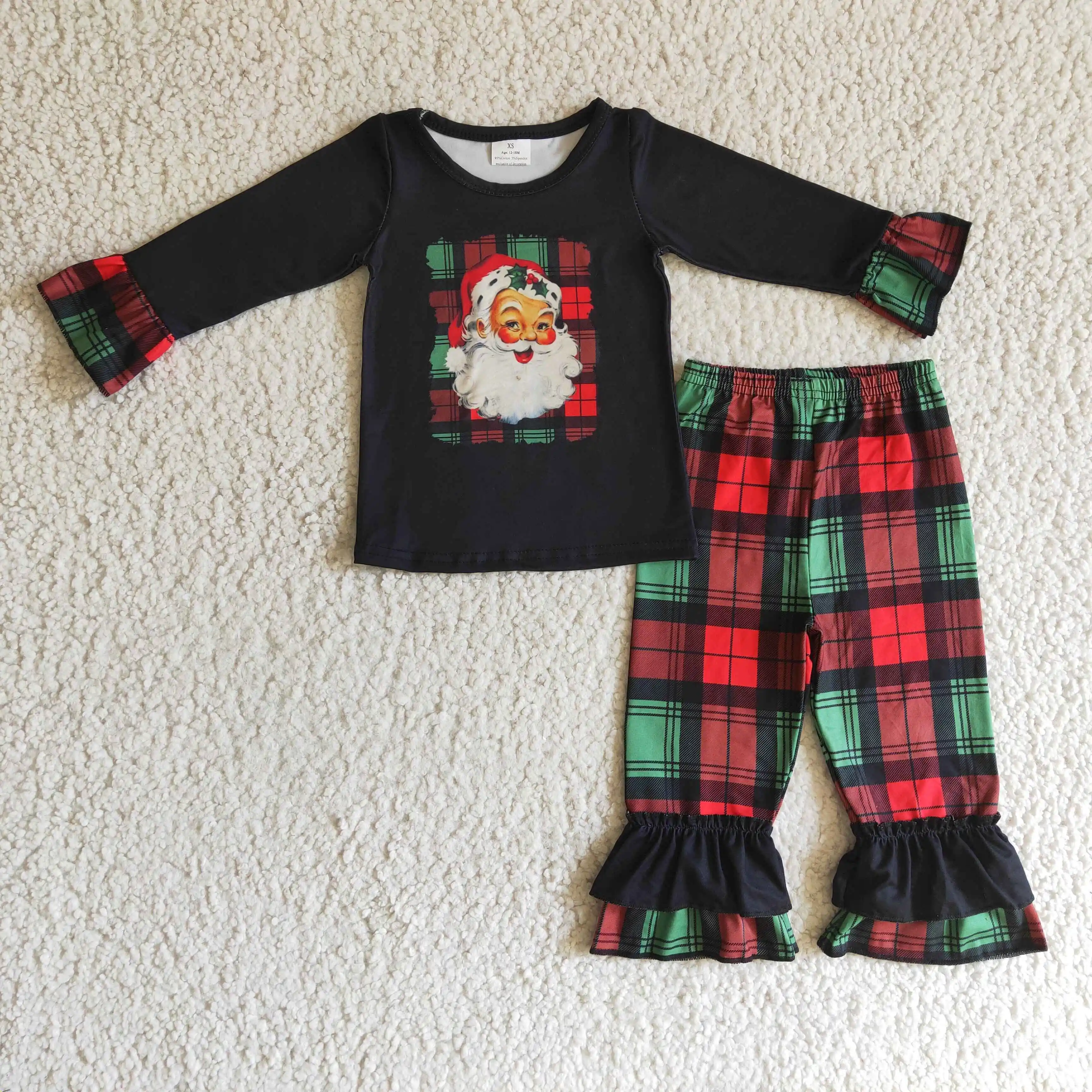 

GLP0260 christmas girl black long sleeve santa top match plaid elastic waist ruffle pants suit