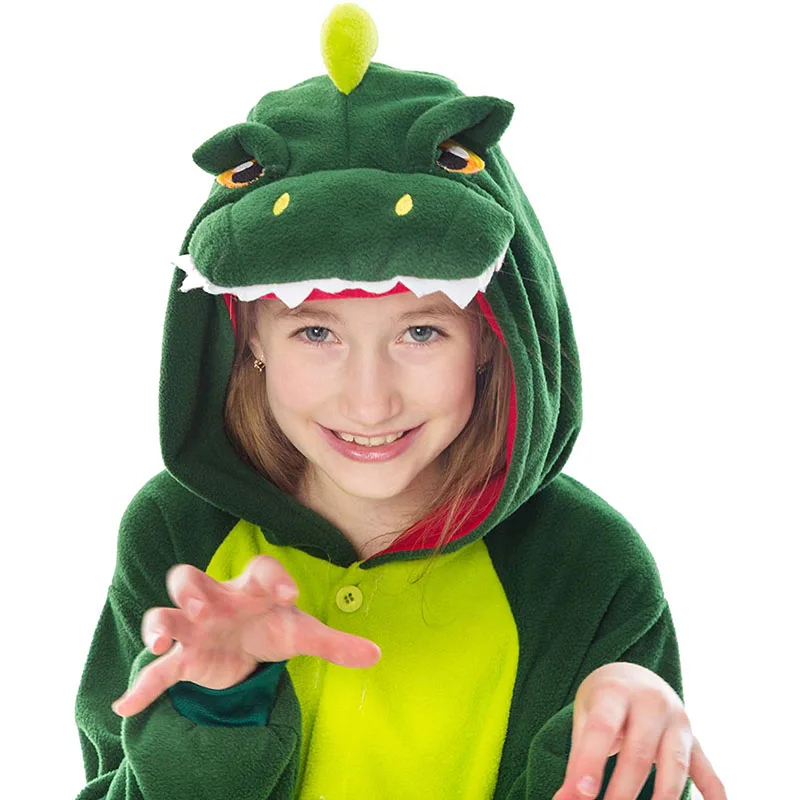 Family Kigurumi Pajamas Green Dinosaur Animal Onesie Cosplay Costume Pajamas For Kids and Adults With Slippers