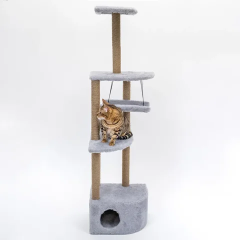 Когтеточка домик для кошек "PetTails" Башня угловая с гамаком, 48х48х171 см, джут, многоуровневая, игрушки для кошек, от царапин