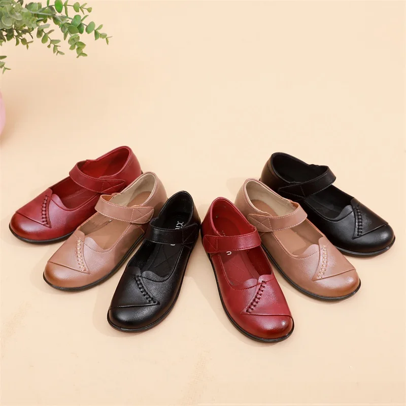 

Mary Jane Shoes For Women Autumn Strappy Flats Round Toe Mom Walking Shoes Women's Red Leather Loafers Stitch Woman Low Heels