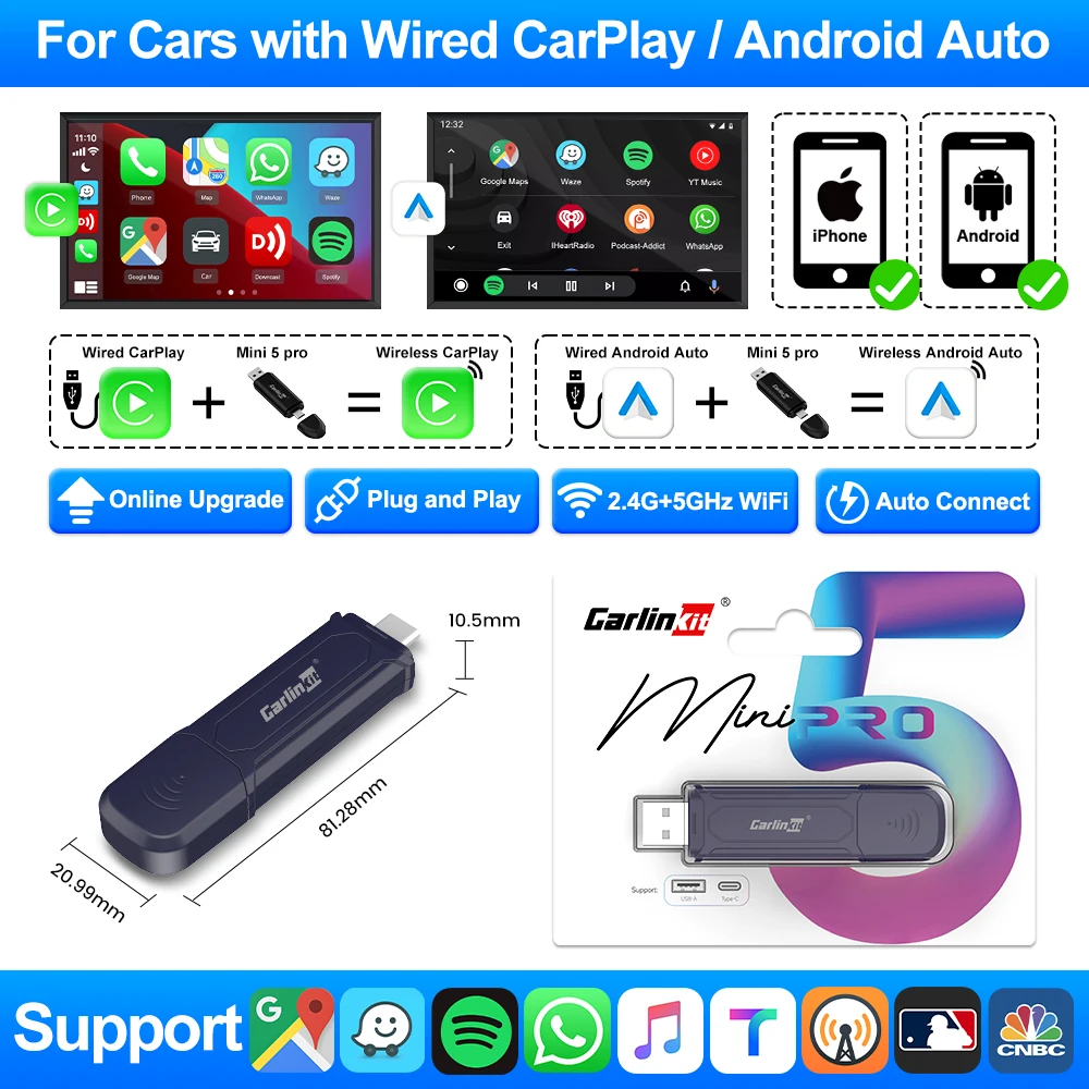 

Беспроводной Адаптер Carlinkit 2-в-1 Для CarPlay И Android Auto (мини-донгл) Для Mazda, Hyundai, VW - С OTA-обновлением