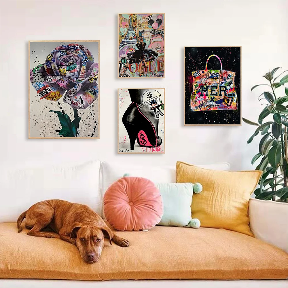 

Multicolor Fashional Girl Canvas Painting Poster Modern Graffiti Wall Art Banksy Famous Mural Room Decor City Rose Bag Pictures