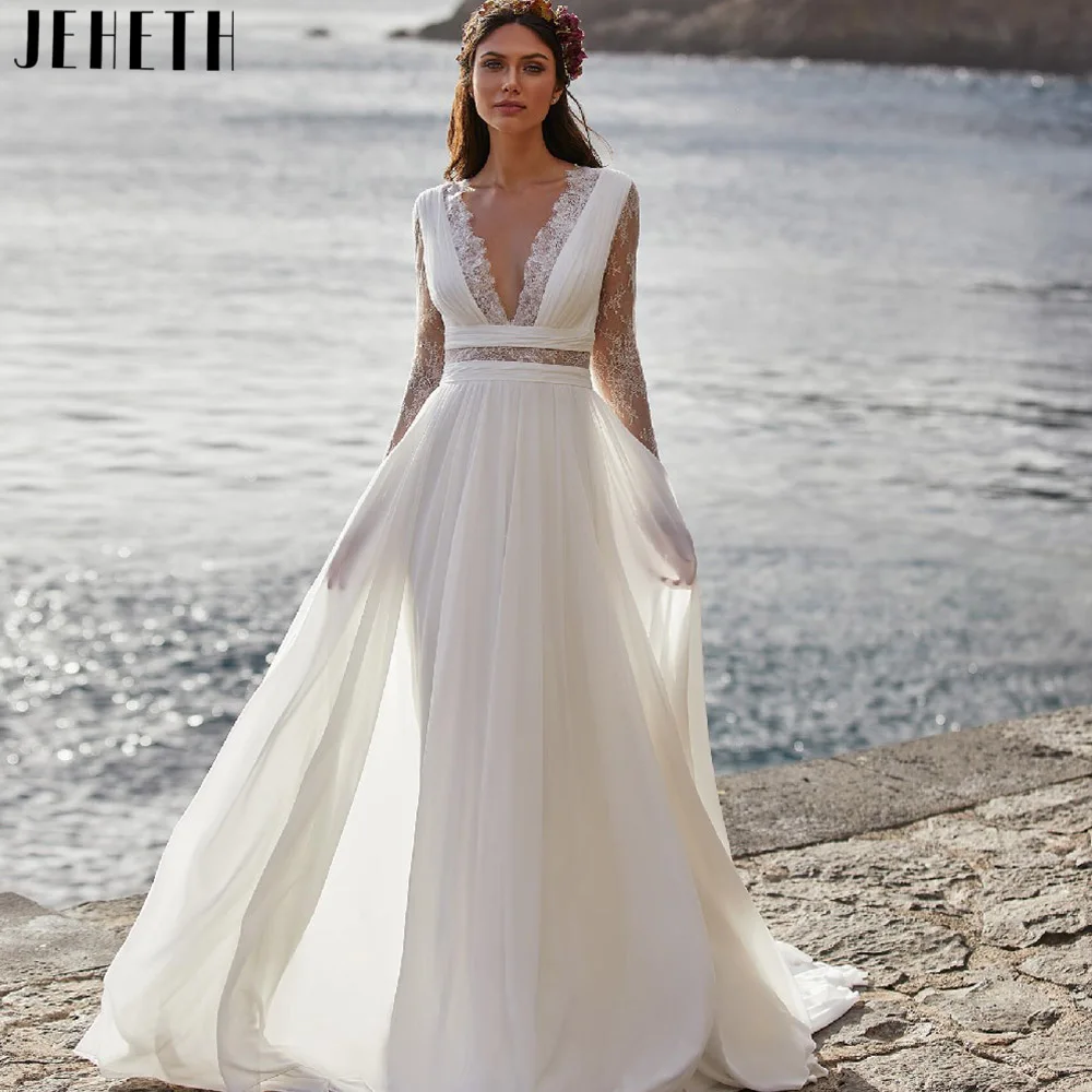 

Bohemian Wedding Dress Long Sleeve V-Neck Floor Length Chiffon A-Line Bridal Gowns Button Back Custom Made Civil Robe De Mariee