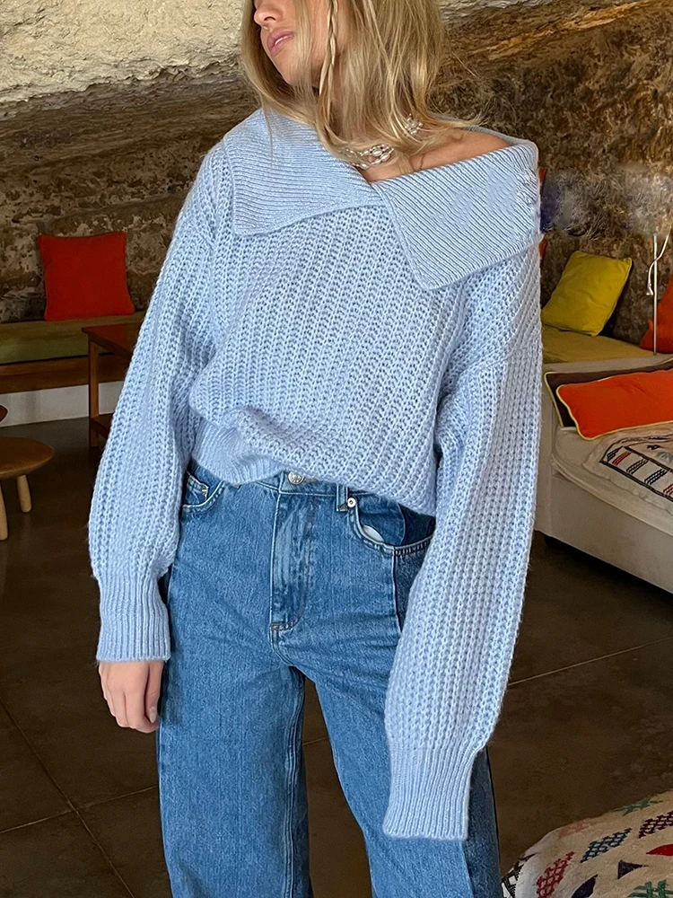 

Msfancy Blue Knitted Sweater Women Big Collar Ladies Jumper 2022 White Plain Oversized Sweater