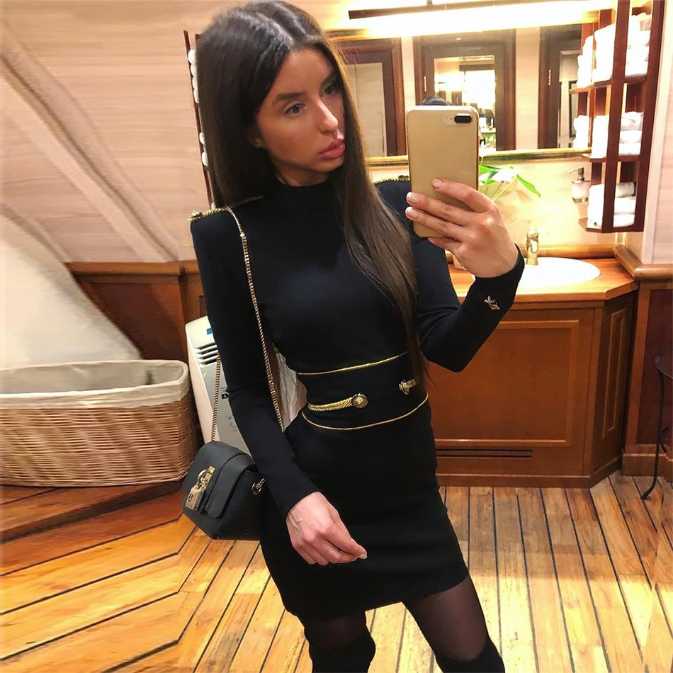 Фото Hash Buch Summer Black Mini Бандажное платье Женское облегающее платье на пуговицах с длинным рукавом и круглым вырезом Сексуальные элегантные клубные вечерние платья №4