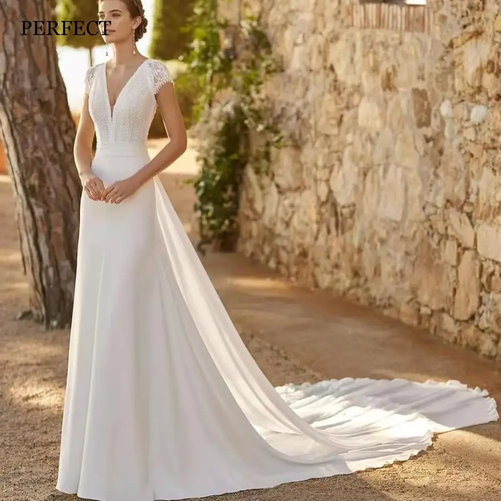 PERFECT Bohemian V-Neck Beach Wedding Dress Cap Sleeves Backless Chiffon Bridal Gowns Lace Appliques Custom Made Robe De Mariée