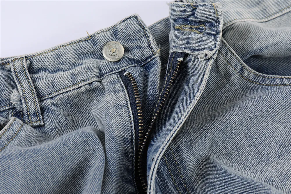 Retro Pocket Letter Embroidery Ripped Casual Jeans Men and Women Straight Harajuku Oversize Streetwear Loose Denim Trousers Blue