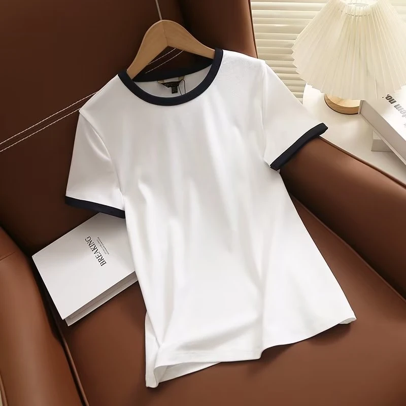 

Dave&Di Fashion Short Sleeve T-shirt Simple Pure Cotton Contrast Round Neck Casual Top For Women 2023 Summer