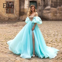 elfin 2022 prom dresses arabic sky blue off the shoulder organza evening gown girl party dress for graduation