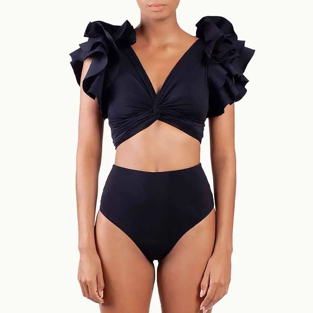 Solid Ruffle V-Neck Bikini Slim Fit Sexy Swimsuit Two-Piece Cross Straps Beachwear High Waist And Belly Plus Size 2022