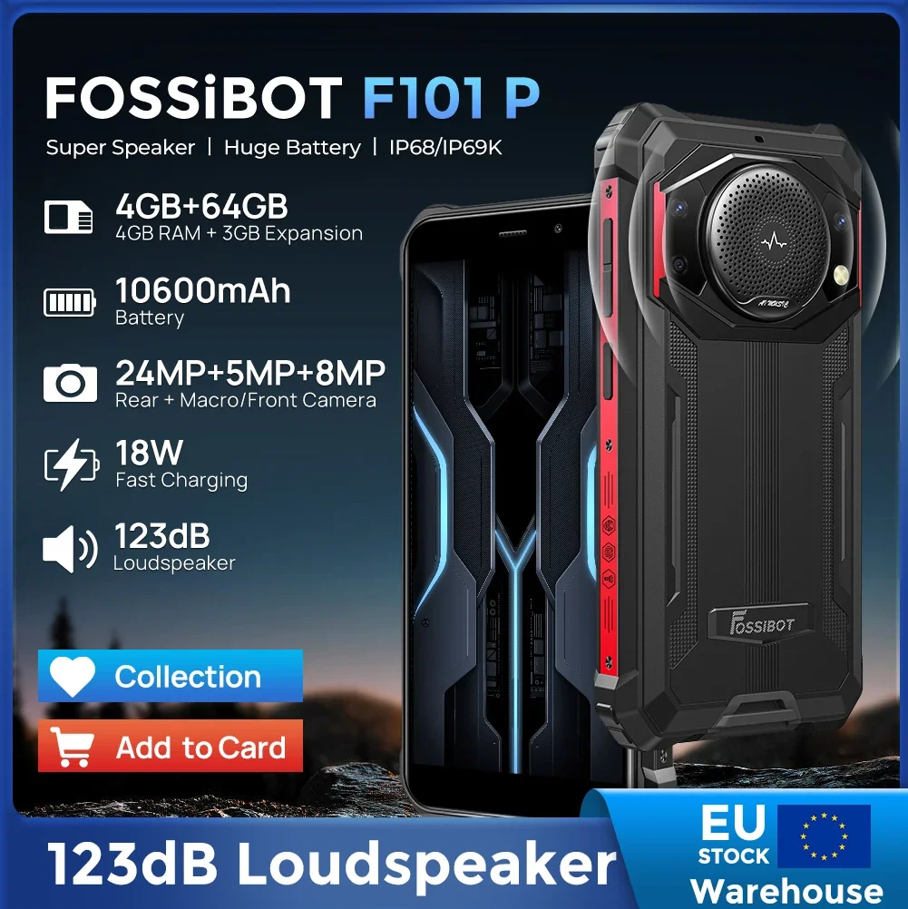 Фото FOSSiBOT F101P, смартфон, аккумулятор 10600 мАч, 4 ГБ + 64 ГБ, 24 МП, сотовый телефон, большой динамик, IP68/IP69, водонепроницаемый мобильный телефон №1