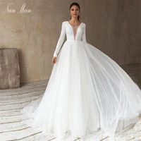 long sleeve womens wedding dress 2022 a line deep v neck bride dress backless high waist bridal gown vestido de novia