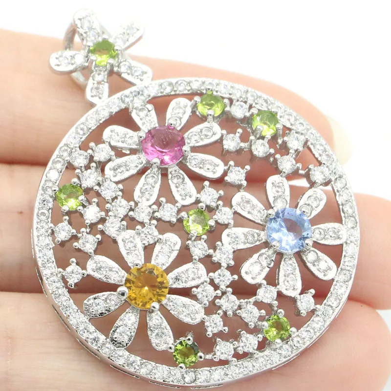 

47x37mm Multi Color 10.5g Tourmaline Green Peridot Citrine Rhodolite Garnet CZ 925 Women Wedding Silver Pendant