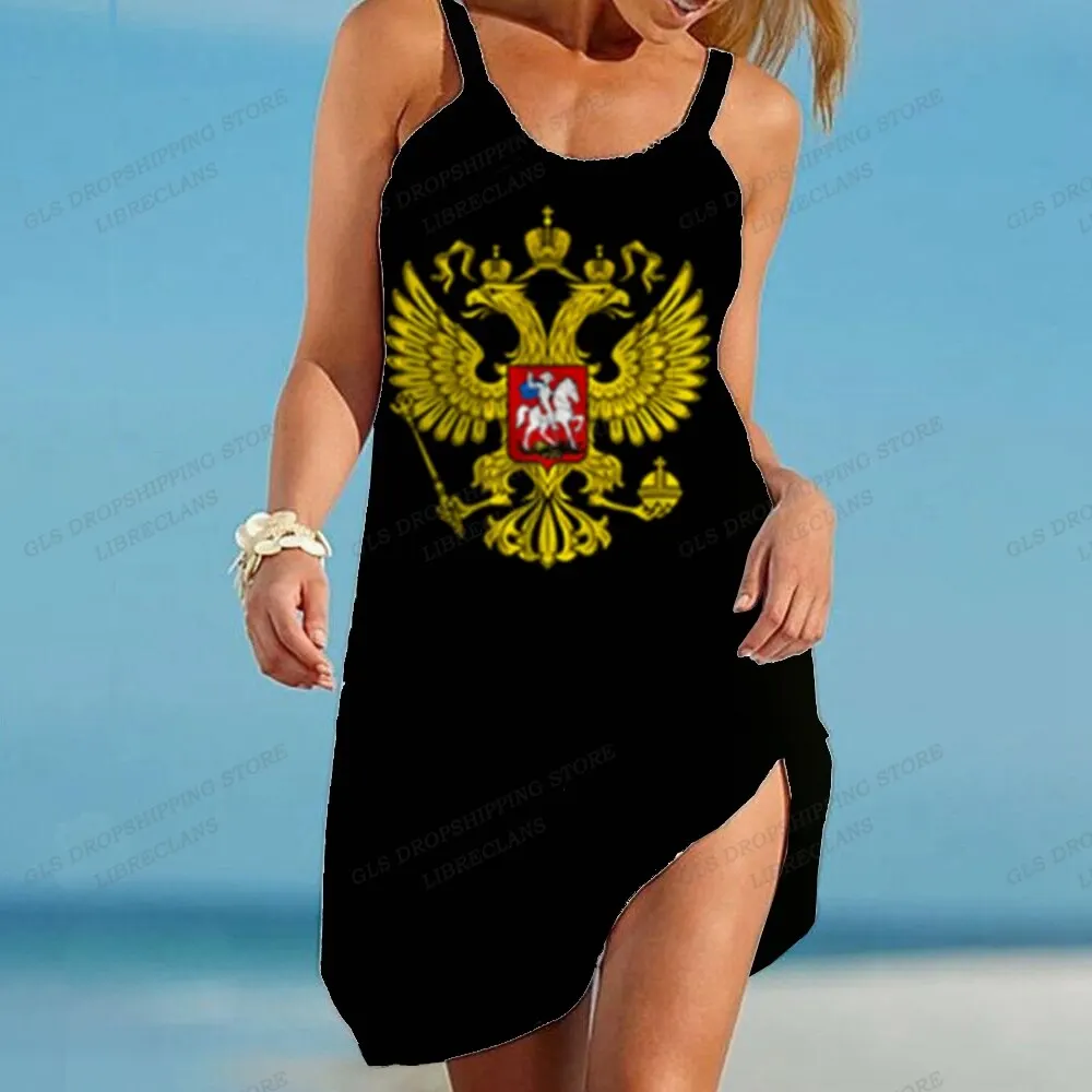 

Платье миди женское с российским флагом, пляжный сарафан на бретелях в богемном стиле, вечерние ный свободный вечерний наряд без рукавов, 5XL