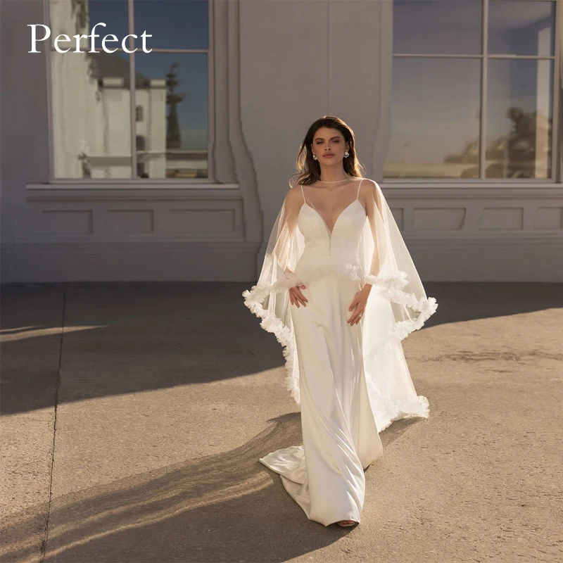 

PERFECT Sexy Mermaid Satin Simple Wedding Dress V Neck Spaghetti Straps Button Up Back with Remobable Cloak Robe De Mariee