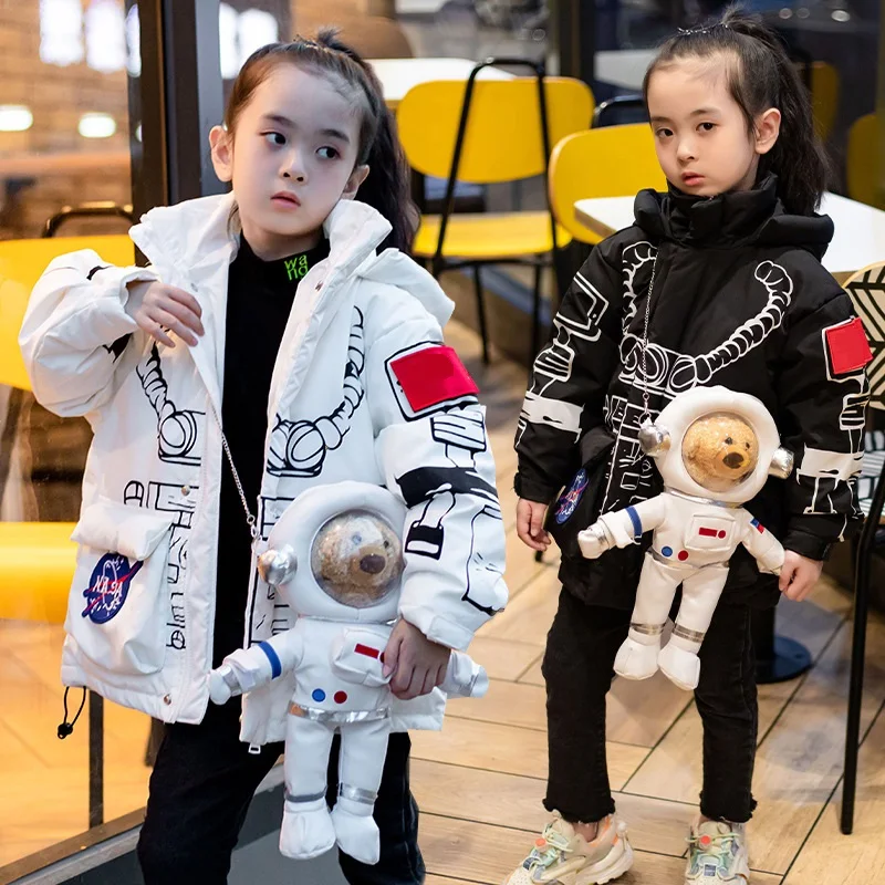 

Winter Girls Boys Spacesuit Style Puffer Jackets with Detachable Doll Child White Duck Down Coats Kids Therme Outfits 5-14 Years