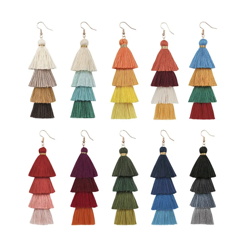 

Handmade Women Fashion Statement Jewelry Boho Ethnic Long Colorful Fringe Dangle Gradient 4 Layered Tassel Earrings Bohemian