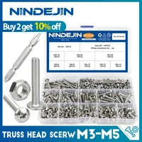 nindejin truss round head screw set stainless steel m3 m4 m5 phillips screw with nuts assortment kit mushroom head machine screw
