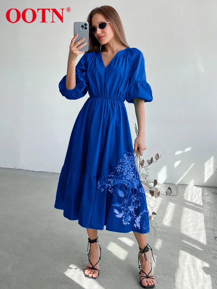 

OOTN Elegant Midi Summer Dress Lantern Half Sleeve V-Neck Office Long Party Dress Lady A-Line Ruffle Casual Dress For Women 2022